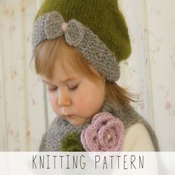 KNITTING PATTERN slouch hat and cowl x Kids winter hat knit pattern x Girls flower hat x Beginners pattern x Easy knit