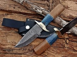 Custom Hand Made Damascus Steel Hunting Knife Bone And Olive Wood Handle
