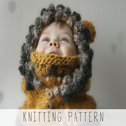 KNITTING PATTERN lion hoodie x Kids hooded cowl knit pattern x Animal hat x Halloween costume x Kids hooded cowl