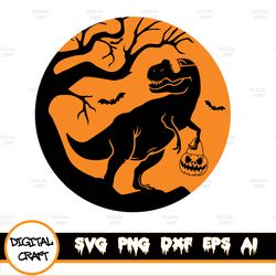 Halloween Dinosaur Svg, Spooky Saurus Rex, T-Rex With Pumpkin, Halloween, Jack-O-Lantern Svg, Halloween Party Svg, GifSv