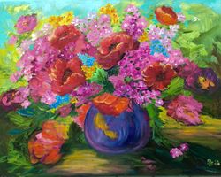 Bouquet Of Bright Flowers Original Oil Painting Floral Artwork Flowers Art Poppy Painting On Canvas Original  Painting