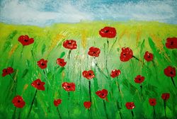 Red poppies field Summer landscape poster Oil impasto painting