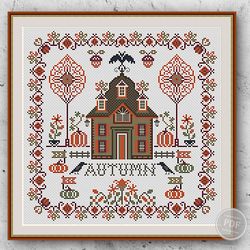 Cross stitch Pattern Autumn House Sampler PDF Design Embroidery Autumn  Garden Instant Download Digital PDF 325