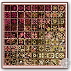 Sampler Cross Stitch Patchwork Tiles Geometric Squares Red - Ethnic Folk Art design PDF counted chart 334