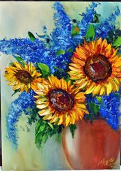 Sunflowers in a vase, oil painting, handmade. Original painting in large strokes with a palette knife.