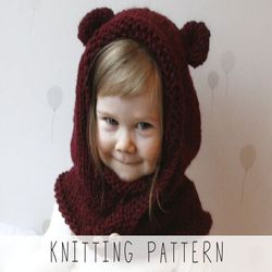 KNITTING PATTERN hooded cowl x Bear snood knit pattern x Easy knit hoodie x Animal snood x Rounded ears hood x Kids bear