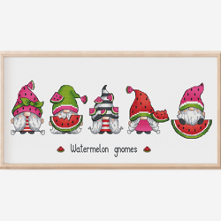 Watermelon Gnomes Cross Stitch, Cute Gnome Hand Embroidery, Instant Download Sewing PDF Digital File,Mini Dwarf Tapestry