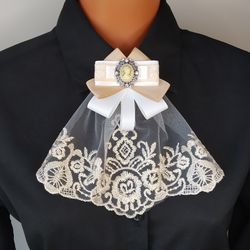Lace jabot Victorian inspired White golden beige bow tie brooch with cameo for women