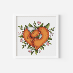 Love Cross Stitch Pattern with Cute Fox and Watercolor Wreath, Fox Art Cross Stitch, DIY Cross Stitch Romantic Heart