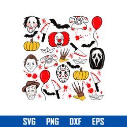 Halloween Horror Characters Doodle Collage Svg, Horror Movies Svg, Halloween Svg, Png Dxf Eps Digital File