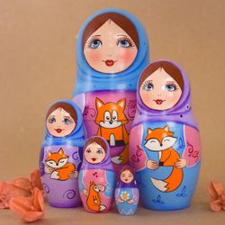wooden matryoshka nesting dolls with fox, montessori sorting toy,gifts for kids