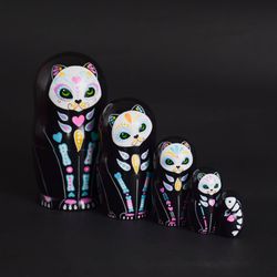sugar skull cat nesting dolls, wooden matryoshka babushka, calavera, home decor