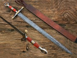 Handmade Damascus Steel Templar Knight/Holy Sword,Leather Cover.