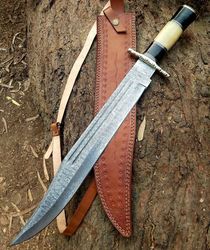 New Custom made Damascus Steel Rambo Bowie Knife, Bone Buffalo Horn Handle