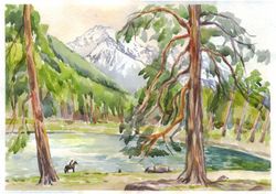 ORIGINAL WATERCOLOR PAINTING Mountain landscape Artwork gift hand painting 11x16 Inch