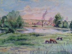 ORIGINAL WATERCOLOR PAINTING Rural landscape Artwork gift hand painting 11x16 Inch