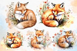 Watercolor Cute Fox Cliparts Bundle