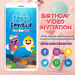 Baby Shark Invitation, Baby Shark Birthday Party Invitation, Baby Shark Video Invite, Electronic Invitation, Animated