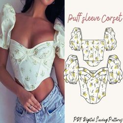 Corset puff sleeve women sewing pattern|bustier sewing pattern| digital sewing pattern|corset blouse pattern|10 sizes