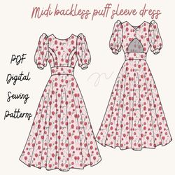 Backless puff sleeve midi dress|dress sewingpattern|women sewing pattern|midi dress pattern|backless dresssewing pattern
