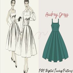square neck dress pattern| pdf sewing pattern| digital pattern |7 sizes xxs to xxl | 50's dress |women sewing pattern