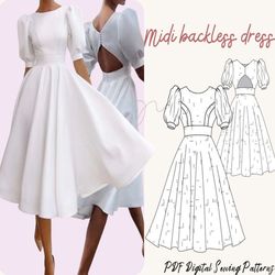 Midi backless dress pattern|puff sleeve dress pattern women sewing pattern|midi dress sewing pattern|wedding dress prom
