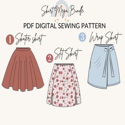 Skirt pattern |women sewing pattern sizes US 4to16|Mega bundle wrap skirt pattern, Skater Skirt pattern, Slit skirt patt