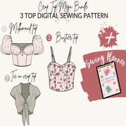 3 top sewing patterns |bustier top pattern milkmaid blouse pattern tie in crop top pattern sewing digitalplanner|women