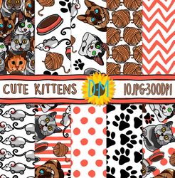 Cute Kittens Paper set, 10 cat seamless patterns for scrapbooking and crafting
