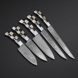chef knives set custom handmade damascus steel knives set with leather sheath handmade set hand forged mk5026m