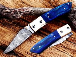 Custom Hand Made Damascus Steel Pocket Folding Knife Personalized Wedding Gift