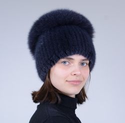 Fashion Women's Real Mink Boubon Fox Fur Beanie Mink Hat And Elegant Beanie For Lady
