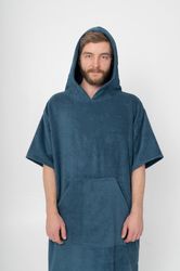 Surf & beach poncho with sleeves, hood and kangaroo pocket, cotton terry mens robe, beach cover up, swimming wear
