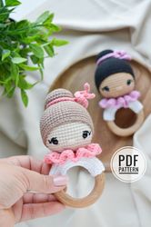 Ballerina rattle crochet pattern, amigurumi ballerina doll for newborn girl