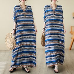 Summer new V-neck large size cotton and linen loose casual dress for women