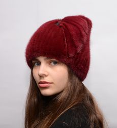 Women's Warm Fur Mink Hat Beanie Real Mink Fur And Rhinestone Decoration And Fashion Casual Knitted Fur Cap For Lady