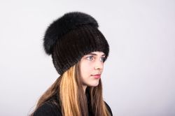 Fashion Women's Beanie Hat Mink Fur And Big Pompom Fox Fur With Feather Decoration Back Products And Warm Casual Beanie