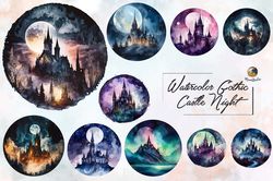Watercolor Gothic Castle Night