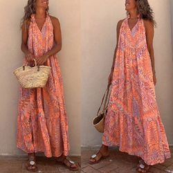 Summer Loose Women's Printed Halter Neck Sleeveless V-Neck Long Dress