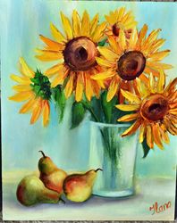 Sunflowers flowers and pears.Oil painting. Still life for the kitchen. Wall decor