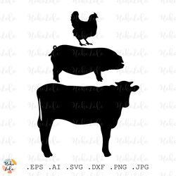 Farm Animal Svg, Cow Svg, Chicken Svg, Pig Svg, Farm Animals Silhouette, Stencil Templates DXF, Clipart Png