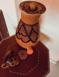 Large handmade traditional clay jar and mug, Pottery, Ceramics, Moroccan Berber Amazigh crafts, Large clay water bottle.