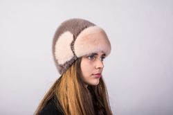 Women's Real Mink Fur Color Combination Knitted Mink Hat And Warm Fur Windproof Casual Beanie Hat For Lady
