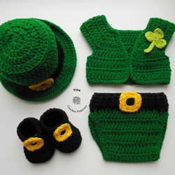 CROCHET PATTERN - Leprechaun Hat, Vest, Diaper Cover, Booties Set | St. Patrick's Day Photo Prop | Sizes 0 - 12 Months