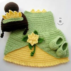 CROCHET PATTERN - Princess Tiana Costume | Princess Dress Crochet Halloween Costume | Sizes Newborn - 12 months