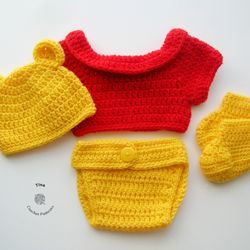 CROCHET PATTERN - Winnie the Pooh Hat, T-shirt, Diaper Cover and Booties Set | Sizes Newborn - 12 months