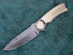 Custom Hand Made Damascus Steel Full Tang Hunting Knife Brass Engraved