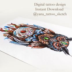 Owl Tattoo Design Colored Owl And Dream Catcher Tattoo Sketch Owl Tattoo Ideas For Females, Instant download