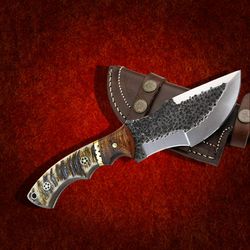 SKINNER KNIFE CUSTOM HANDMADE BOWIE TRAKING KNIFE DAMASCUS STEEL WITH LEATHER SHEATH FRIEND GIFT KNIFE  FORGED MK5045M
