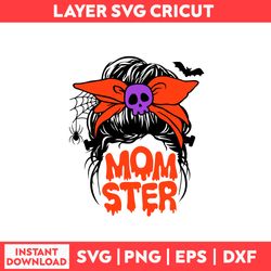 Momster Messy Bun Hair Svg, Bat Svg, Skull Svg, Mom Life Svg, Mom Svg, Halloween Svg, Mother's Day Svg - Digital File